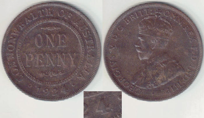 1924 Australia Penny (filled 4) gF A001429